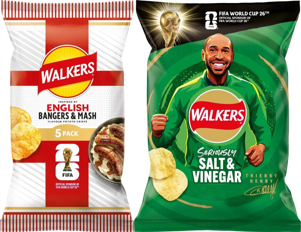Walkers has launched World Cup-inspired crisp flavours including bangers and mash and golden balls smoked cheese, alongside global varieties like chimichurri steak and Mexican tacos.
