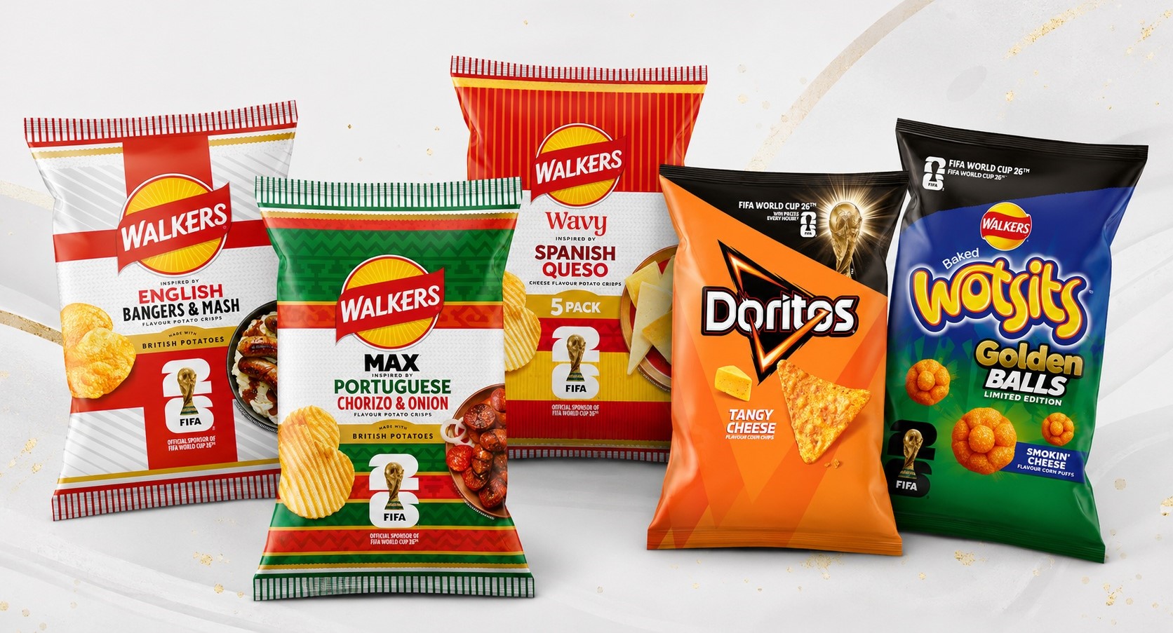 Walkers has launched World Cup-inspired crisp flavours including bangers and mash and golden balls smoked cheese, alongside global varieties like chimichurri steak and Mexican tacos.