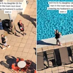 British family cheer on dad Shawn from balcony during chaotic sunbed wars at Spanish hotel as tourists push, swear and shout over pool loungers in La Pineda, Spain.