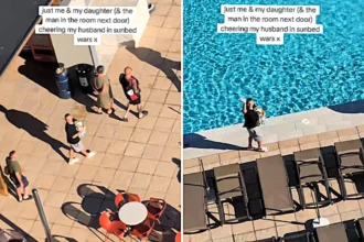 British family cheer on dad Shawn from balcony during chaotic sunbed wars at Spanish hotel as tourists push, swear and shout over pool loungers in La Pineda, Spain.
