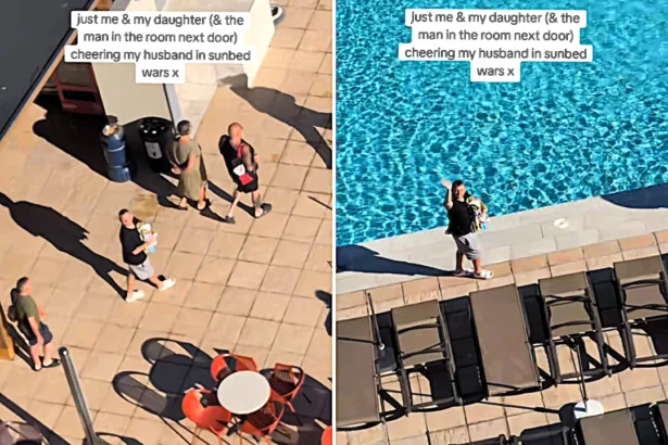 British family cheer on dad Shawn from balcony during chaotic sunbed wars at Spanish hotel as tourists push, swear and shout over pool loungers in La Pineda, Spain.