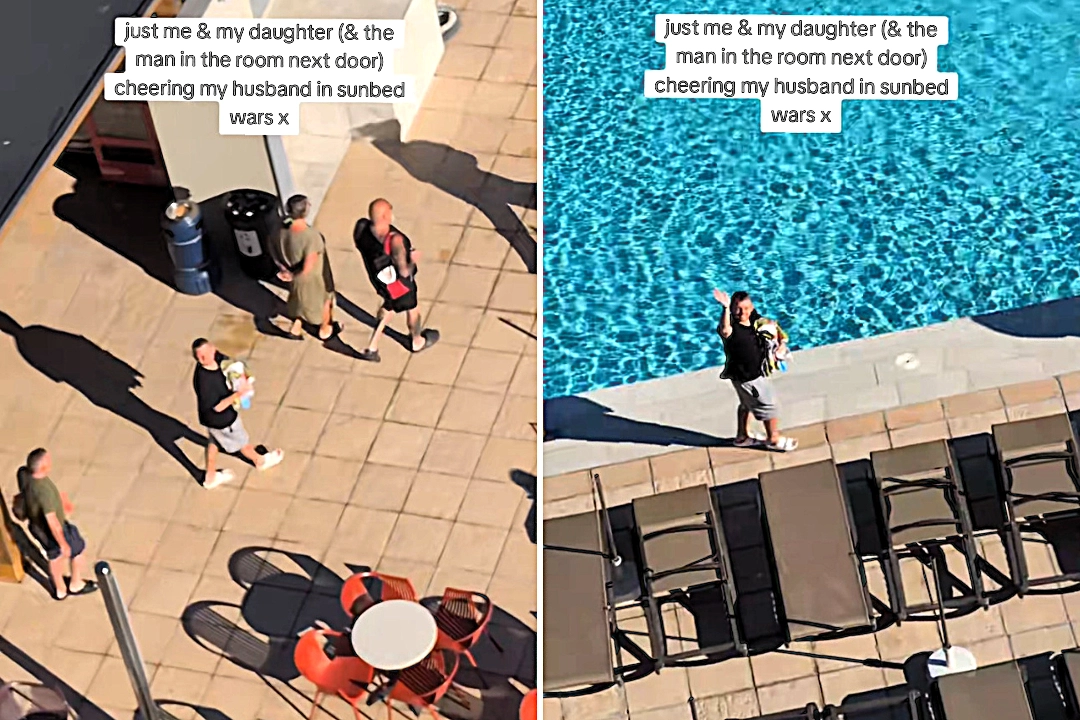 British family cheer on dad Shawn from balcony during chaotic sunbed wars at Spanish hotel as tourists push, swear and shout over pool loungers in La Pineda, Spain.