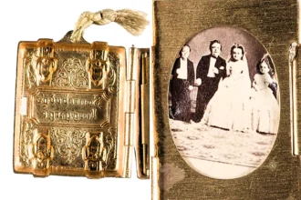 A rare Victorian miniature brass locket celebrating General Tom Thumb and Lavinia Warren's 1863 celebrity wedding goes to auction in Gloucestershire this week.