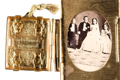 A rare Victorian miniature brass locket celebrating General Tom Thumb and Lavinia Warren's 1863 celebrity wedding goes to auction in Gloucestershire this week.