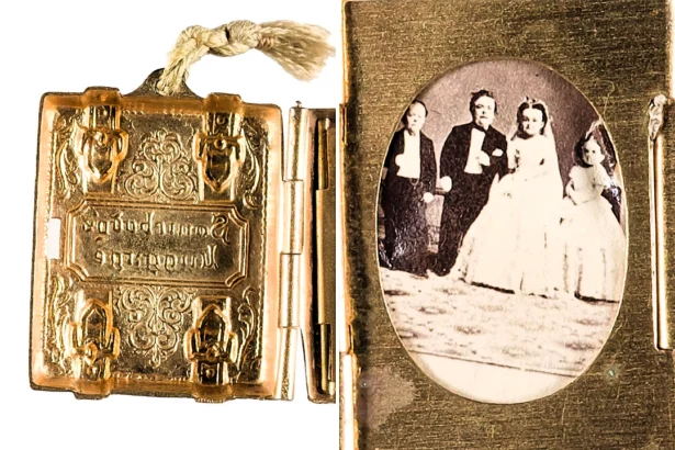 A rare Victorian miniature brass locket celebrating General Tom Thumb and Lavinia Warren's 1863 celebrity wedding goes to auction in Gloucestershire this week.