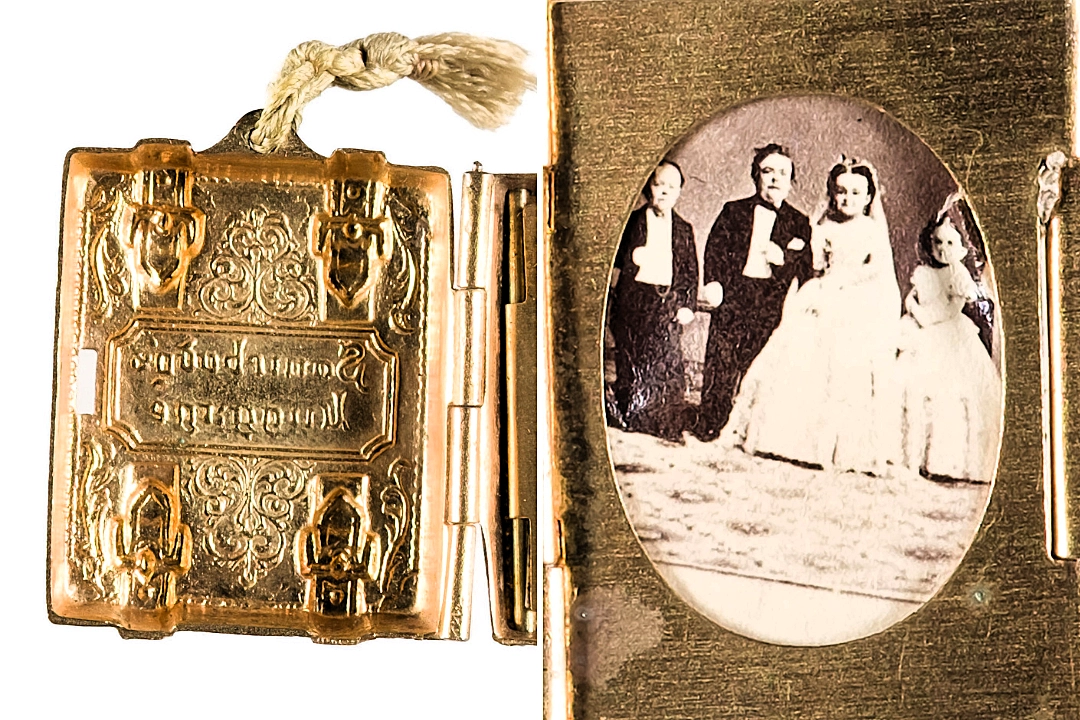 A rare Victorian miniature brass locket celebrating General Tom Thumb and Lavinia Warren's 1863 celebrity wedding goes to auction in Gloucestershire this week.