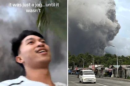 Terrifying moment joggers flee giant volcanic ash cloud near Mayon Volcano in Philippines - viral footage shows wall of black smoke racing toward them.