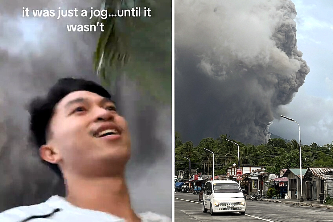 Terrifying moment joggers flee giant volcanic ash cloud near Mayon Volcano in Philippines - viral footage shows wall of black smoke racing toward them.