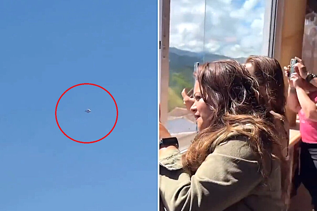 Stunned spiritual retreat group film mysterious metallic UFO with glowing yellow core hovering above Colombia, sparking fierce debate over alien proof.