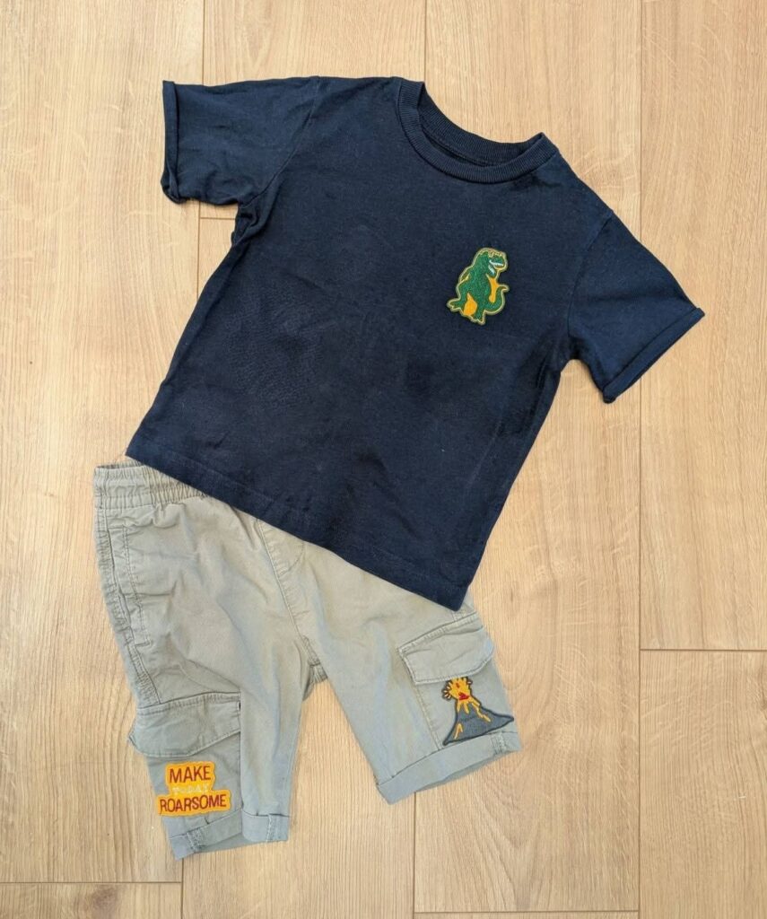 Thrifty mum Clair turns her son's stained, ripped clothes into 'brand new' summer outfits in minutes using a clever no-sew hack costing just pennies.