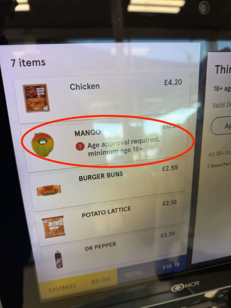 Tesco shoppers were baffled after self-checkout tills demanded age verification for buying mangoes, sparking viral jokes about the tropical fruit being 18+.