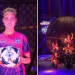 Welsh teen Carly Buchanan-Thomas, 18, smashes world-first football stunt completing 23 keepy-uppies inside Circus Extreme's terrifying globe of death at Cardiff City FC.