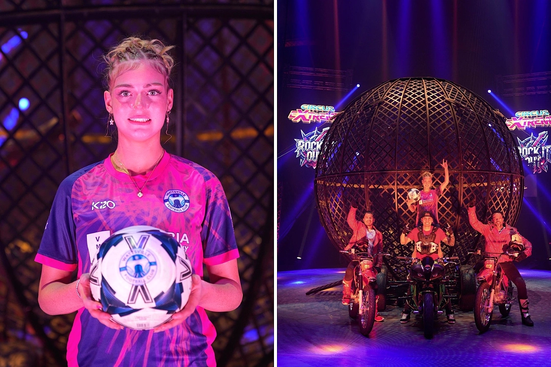 Welsh teen Carly Buchanan-Thomas, 18, smashes world-first football stunt completing 23 keepy-uppies inside Circus Extreme's terrifying globe of death at Cardiff City FC.