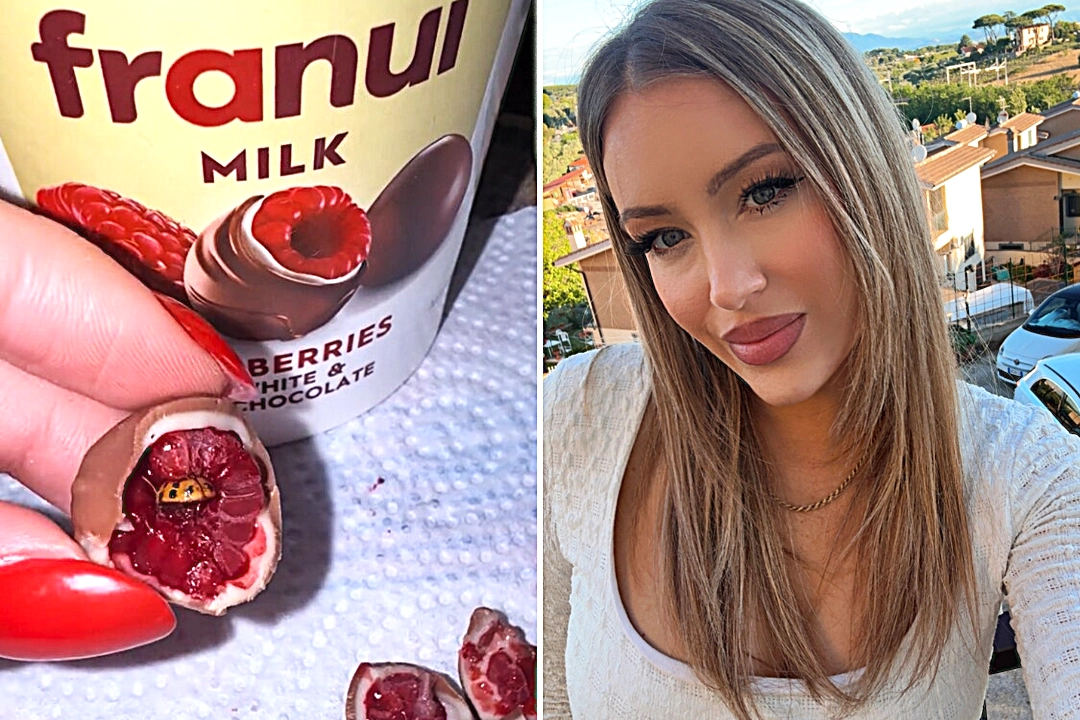 Italian teacher Ylenia Prisco, 31, horrified after finding a ladybird hidden inside her Franuì chocolate-coated raspberry snack, sparking viral 6.6m view TikTok video.