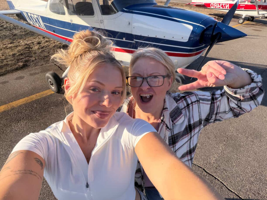 Pilot Sophia Gehlhar, 27, flew her terrified mum Stephanie for the first time in heartwarming viral video, honouring her mum's late friend Christine's pilot legacy.