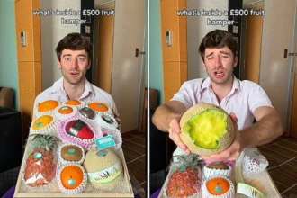 London influencer Carmie Sellitto stunned viewers after splashing £500 on a luxury fruit hamper containing just 12 pieces at Tokyo's Ginza Sembikiya store.