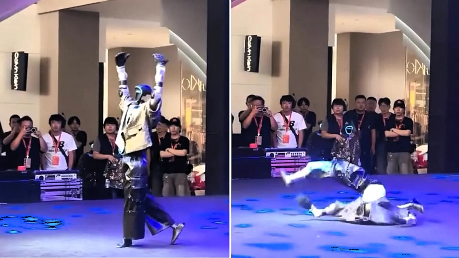 A ballet-dancing robot suddenly hurled itself to the ground mid-performance at an exhibition, landing in a twisted heap as embarrassed staff looked on and one burst out laughing.