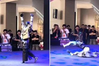 A ballet-dancing robot suddenly hurled itself to the ground mid-performance at an exhibition, landing in a twisted heap as embarrassed staff looked on and one burst out laughing.