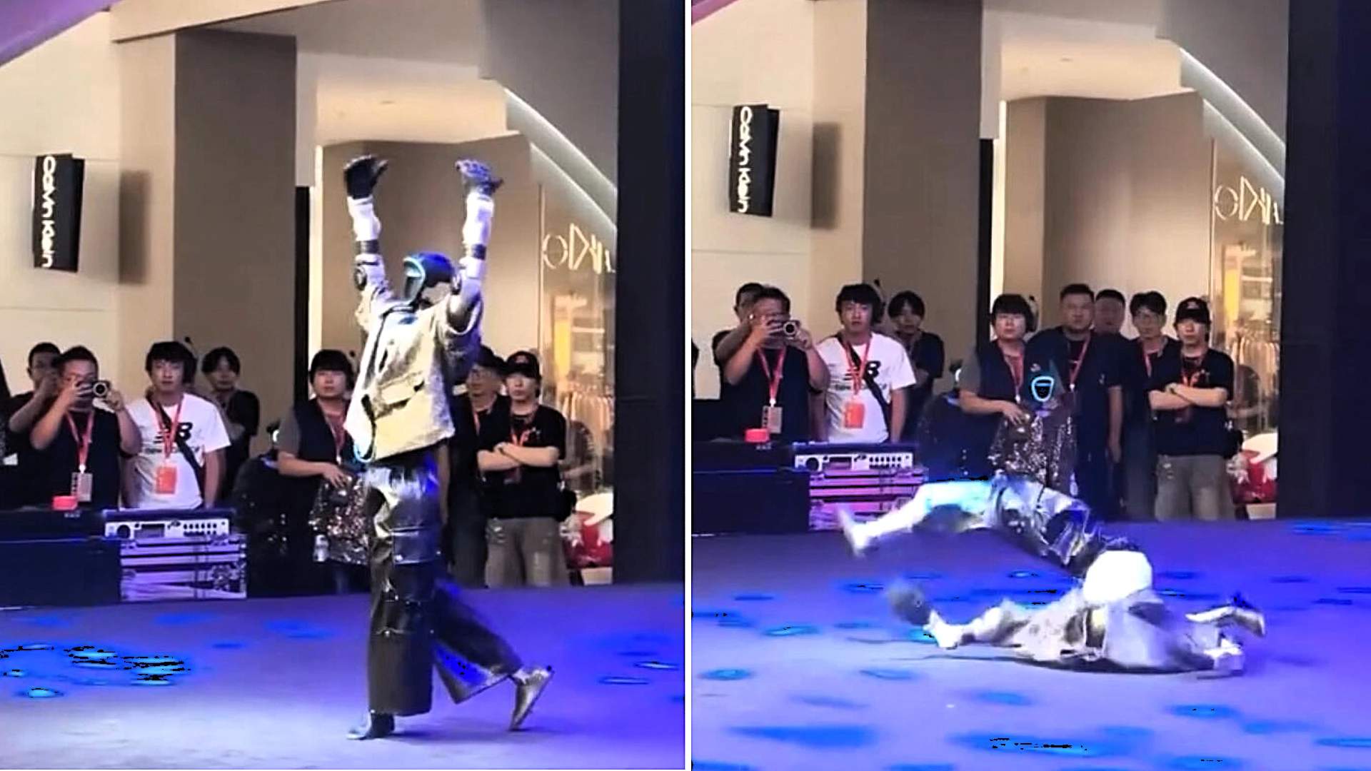A ballet-dancing robot suddenly hurled itself to the ground mid-performance at an exhibition, landing in a twisted heap as embarrassed staff looked on and one burst out laughing.