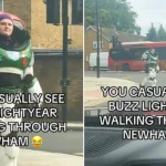 A real-life Buzz Lightyear stunned passers-by as he strolled along a busy London street in full space ranger suit, casually saluting at a passing bus while waiting to cross the road.
