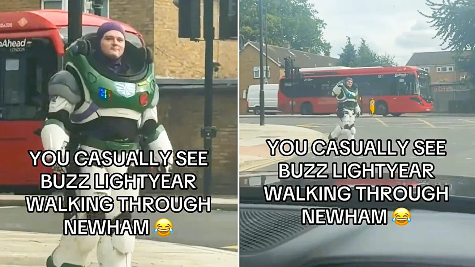 A real-life Buzz Lightyear stunned passers-by as he strolled along a busy London street in full space ranger suit, casually saluting at a passing bus while waiting to cross the road.