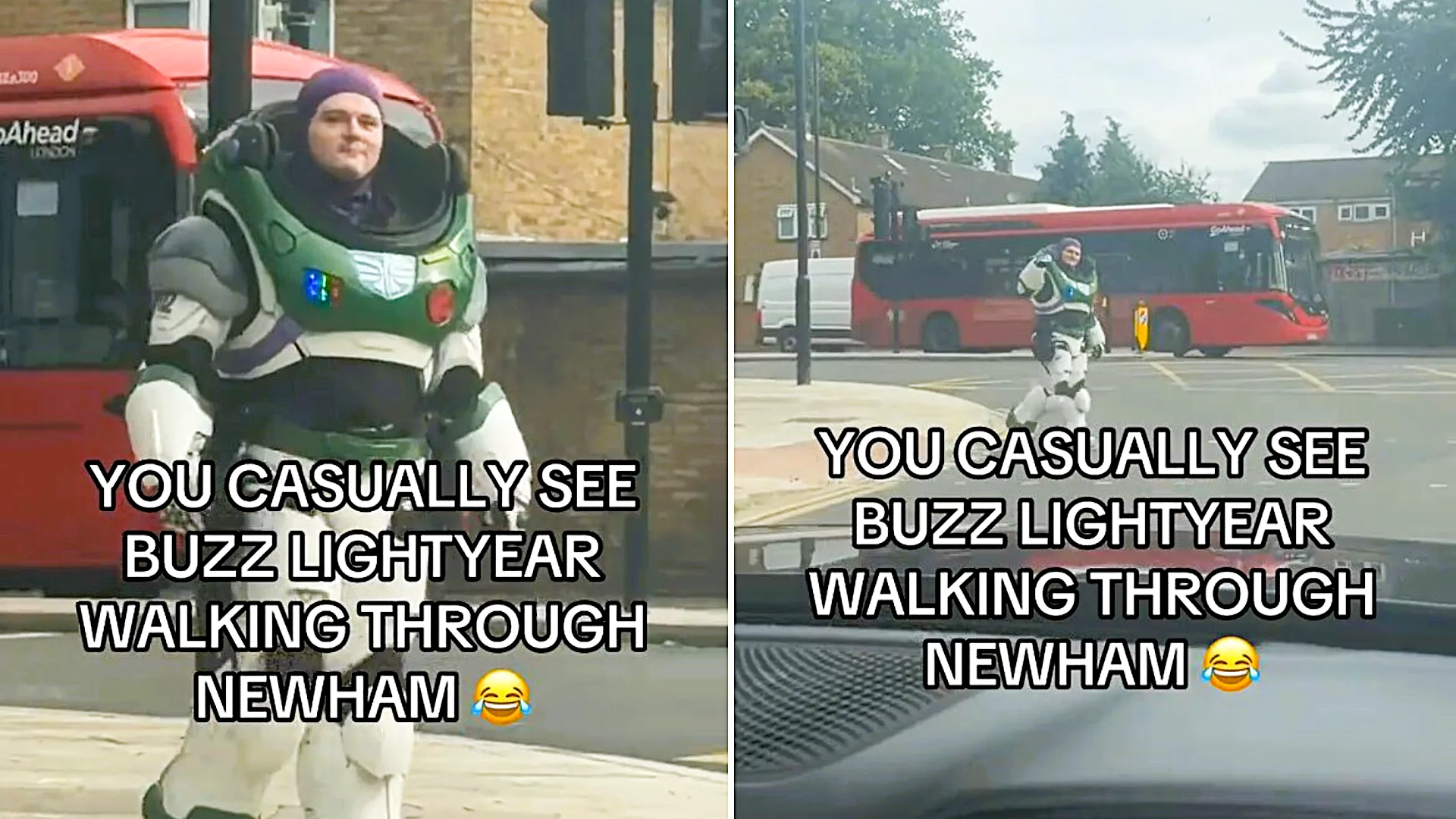 A real-life Buzz Lightyear stunned passers-by as he strolled along a busy London street in full space ranger suit, casually saluting at a passing bus while waiting to cross the road.