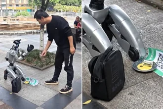 A humanoid robot was filmed on its knees begging for cash on a street in China, holding a donation bowl and QR code with a sign saying it had no money to recharge.