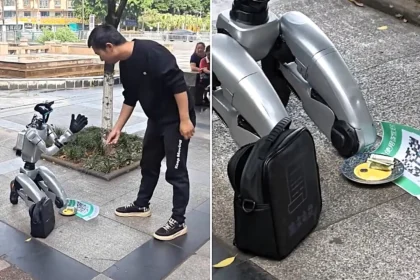 A humanoid robot was filmed on its knees begging for cash on a street in China, holding a donation bowl and QR code with a sign saying it had no money to recharge.