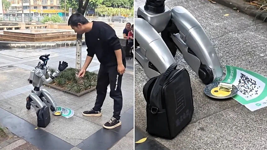 A humanoid robot was filmed on its knees begging for cash on a street in China, holding a donation bowl and QR code with a sign saying it had no money to recharge.