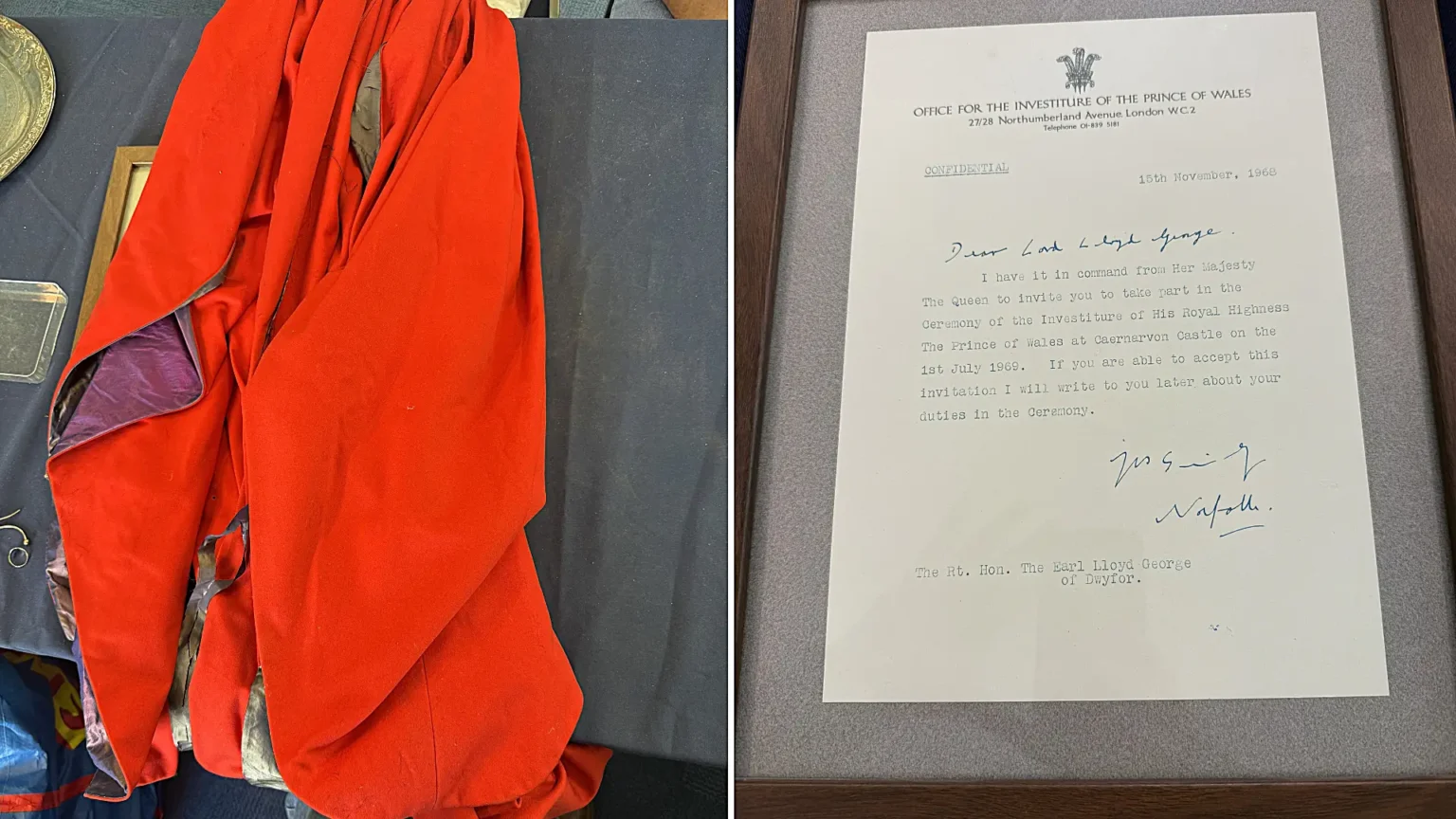 A ceremonial gown worn at King Charles's 1969 investiture has been found at a roadshow alongside an original Queen Elizabeth II invite - owned by Lloyd George's grandson.