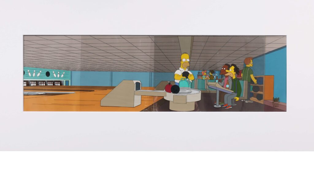 Original Simpsons artwork showing Homer at a bowling alley is heading to auction with a £50,000 estimate - alongside rare pieces from Disney's Fantasia, Dragon Ball and Studio Ghibli.