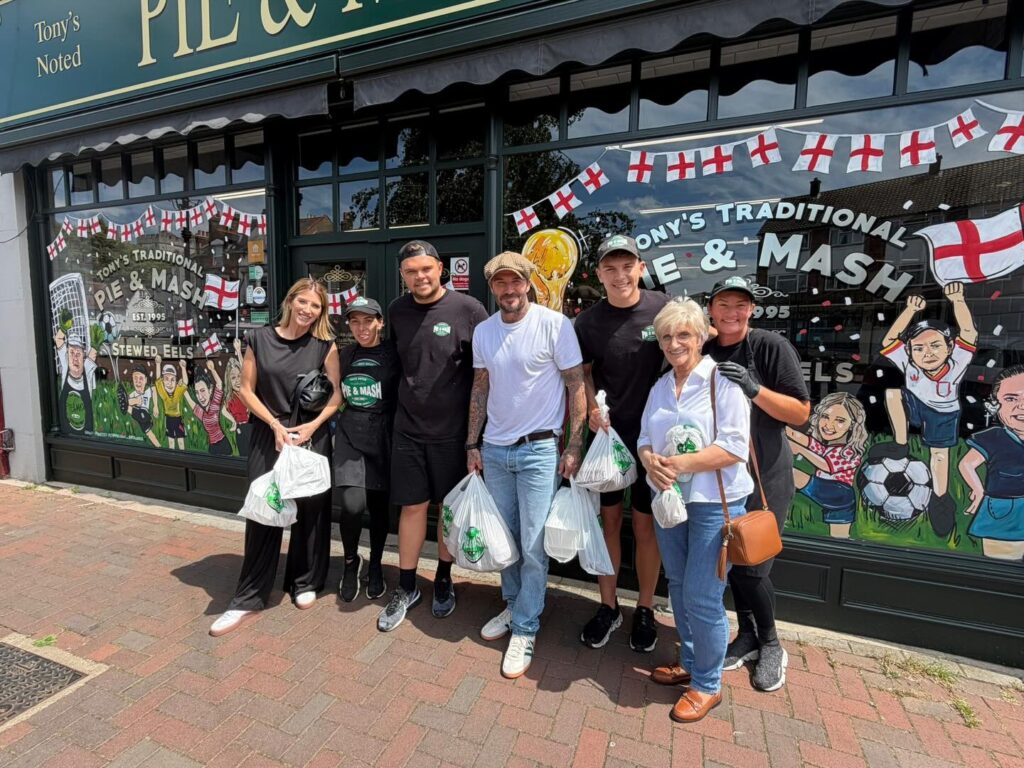 David Beckham was spotted grabbing a pie and mash takeaway with his mum Sandra and sister Joanne - the duo are said to remain close to estranged son Brooklyn despite the family feud.