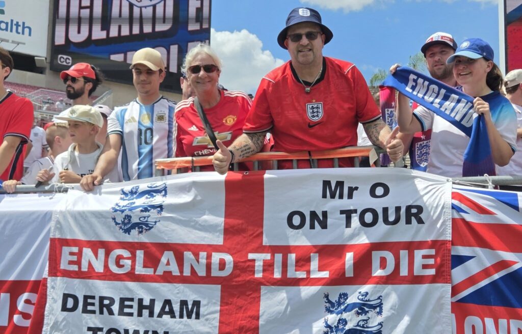 An England superfan tattooed with passport stamps has spent £90,000 following the side - and says the Yanks are more fussed about hockey and basketball than football.