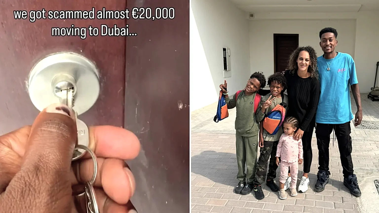 A family who moved to Dubai for a fresh start were stranded in 40C heat with three children and 10 suitcases after being conned out of thousands by property scammers.
