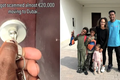 A family who moved to Dubai for a fresh start were stranded in 40C heat with three children and 10 suitcases after being conned out of thousands by property scammers.