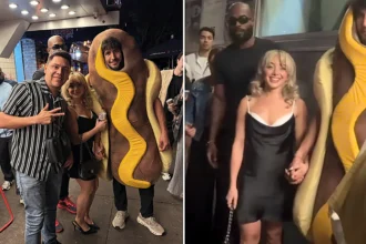 A Sabrina Carpenter lookalike fooled World Cup fans in Mexico City by strutting around with a giant hot dog - and stopping for selfies before anyone realised it was fake.