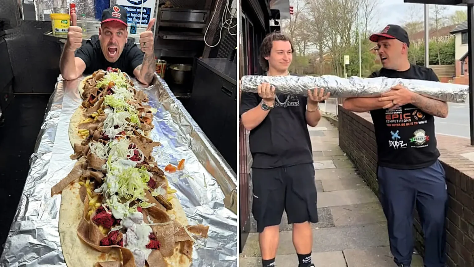 A Greater Manchester takeaway is selling what could be Britain's biggest kebab - a 10kg, five-foot monster stuffed with doner, chicken tikka and chips for just £22.99.