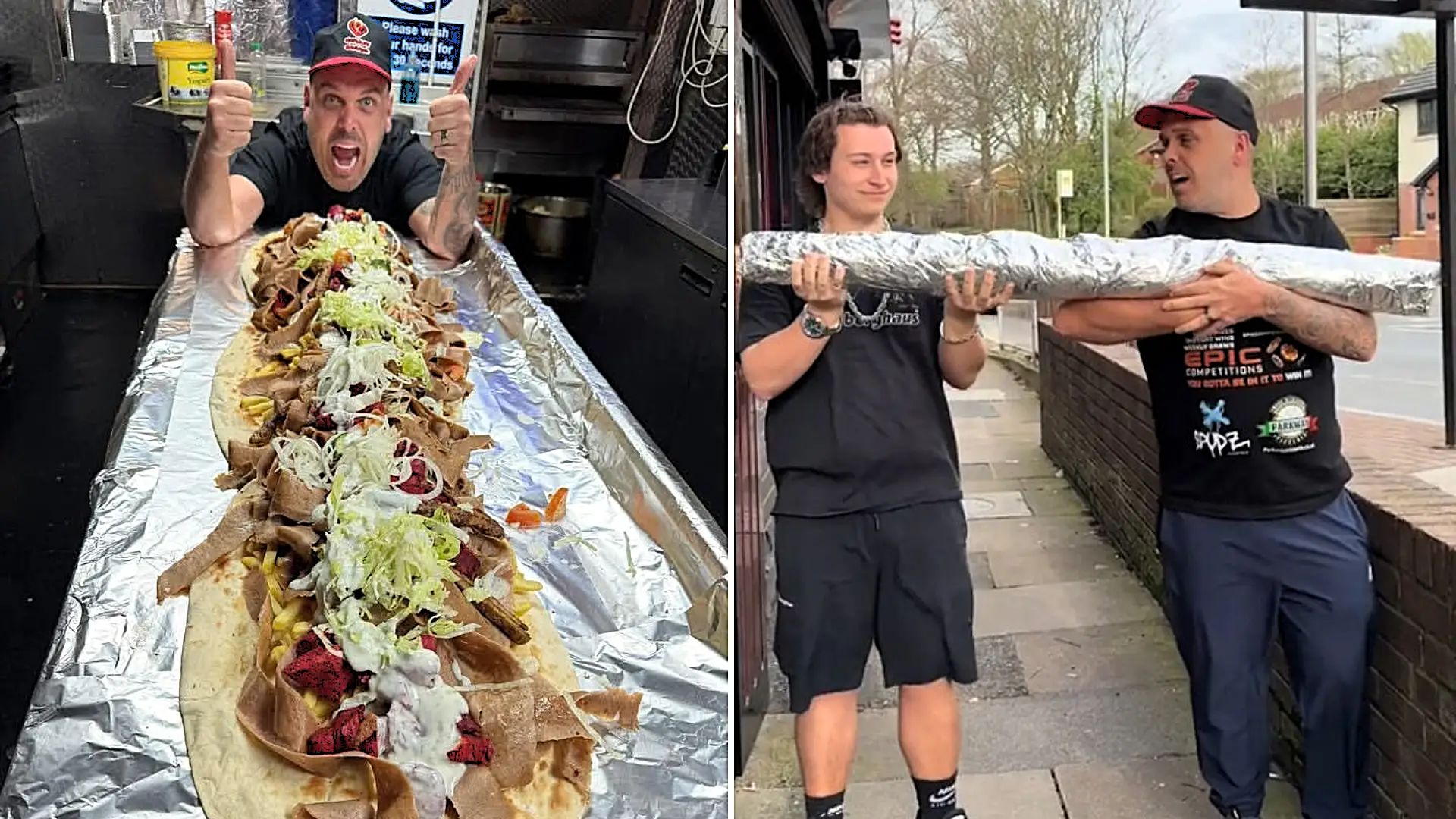A Greater Manchester takeaway is selling what could be Britain's biggest kebab - a 10kg, five-foot monster stuffed with doner, chicken tikka and chips for just £22.99.