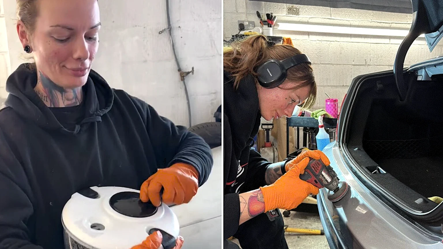 A glamorous mechanic has gone viral for using a £5 salad spinner to dry her polishing pads - and says swapping expensive tools for budget alternatives saves her customers a fortune.