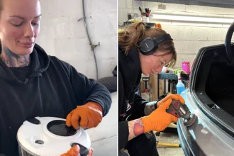A glamorous mechanic has gone viral for using a £5 salad spinner to dry her polishing pads - and says swapping expensive tools for budget alternatives saves her customers a fortune.