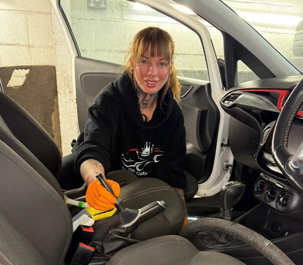 A glamorous mechanic has gone viral for using a £5 salad spinner to dry her polishing pads - and says swapping expensive tools for budget alternatives saves her customers a fortune.