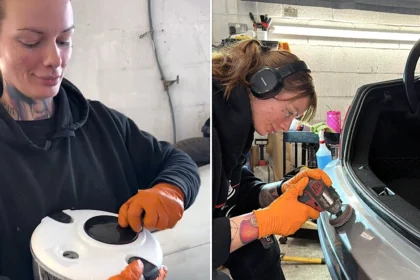 A glamorous mechanic has gone viral for using a £5 salad spinner to dry her polishing pads - and says swapping expensive tools for budget alternatives saves her customers a fortune.
