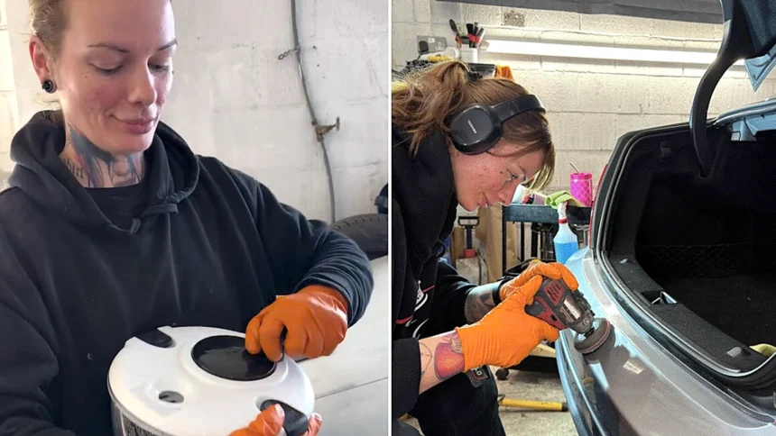 A glamorous mechanic has gone viral for using a £5 salad spinner to dry her polishing pads - and says swapping expensive tools for budget alternatives saves her customers a fortune.