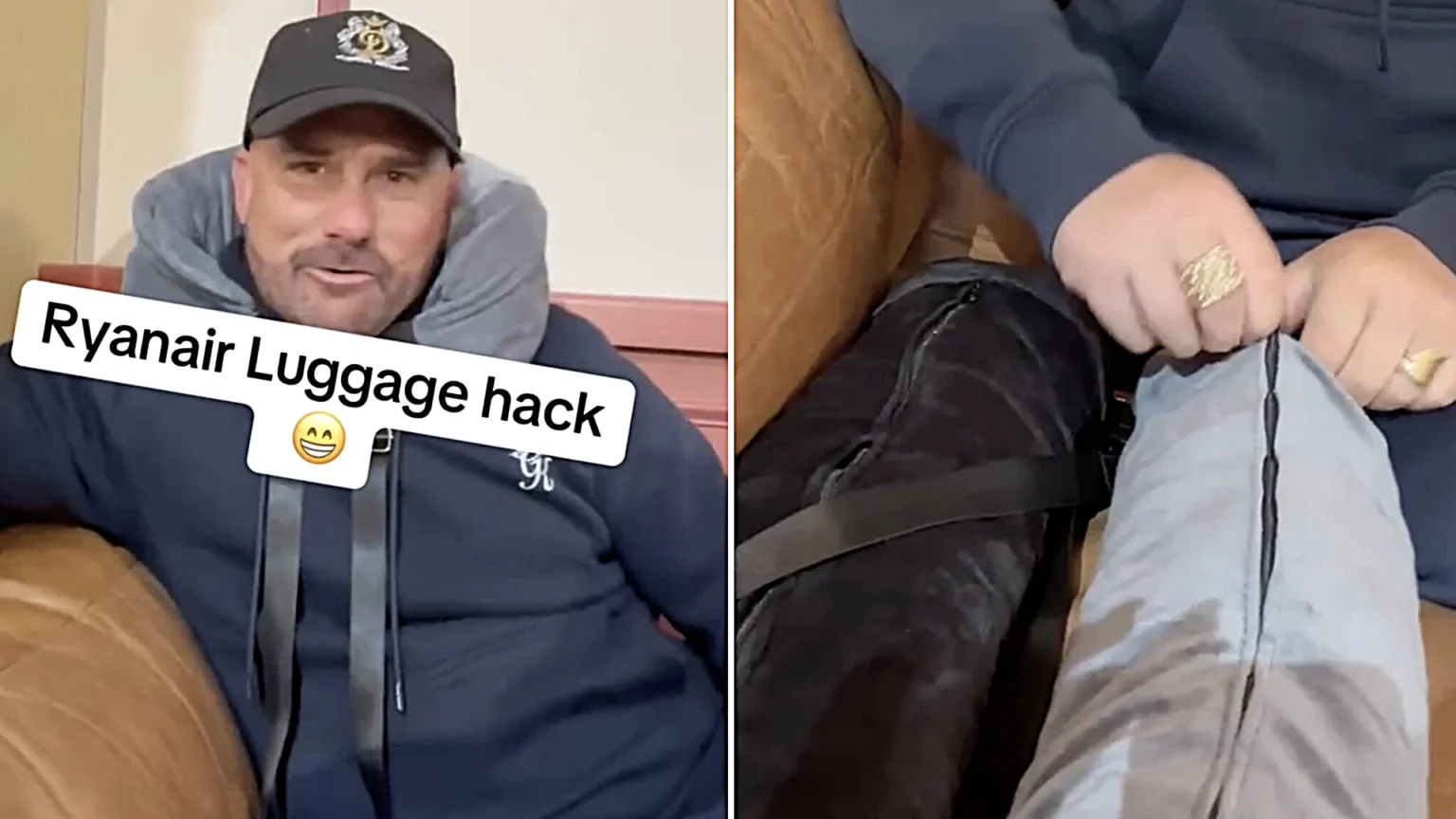 Savvy holidaymaker stuffs neck pillow full of clothes and wears two tracksuits onto Ryanair flight to dodge extra baggage fees in genius money-saving travel hack.