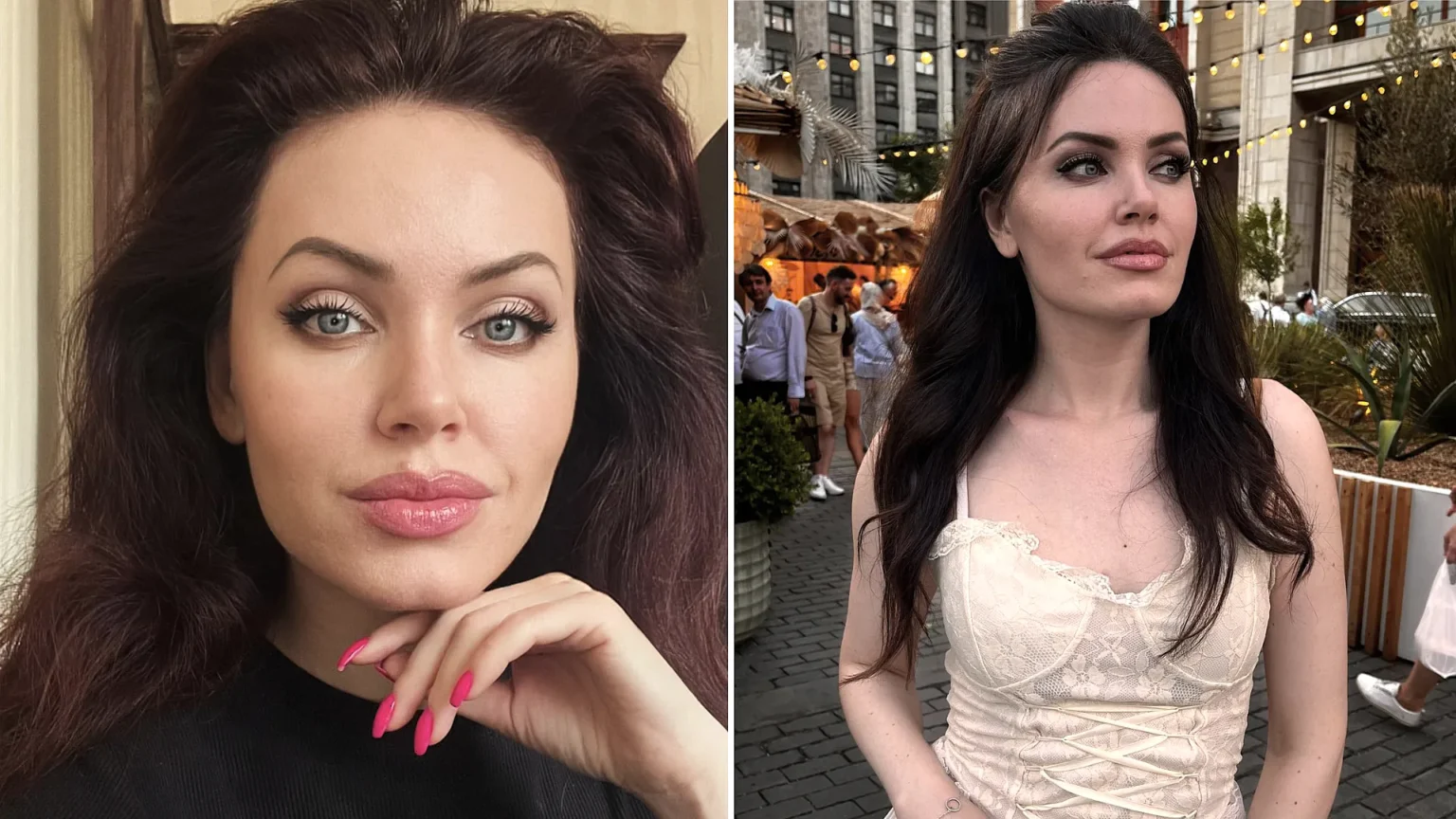 A Russian influencer and aspiring actress has gone viral with fans branding her the "Russian Angelina Jolie" after a black coat and bold makeup look racked up millions of views.