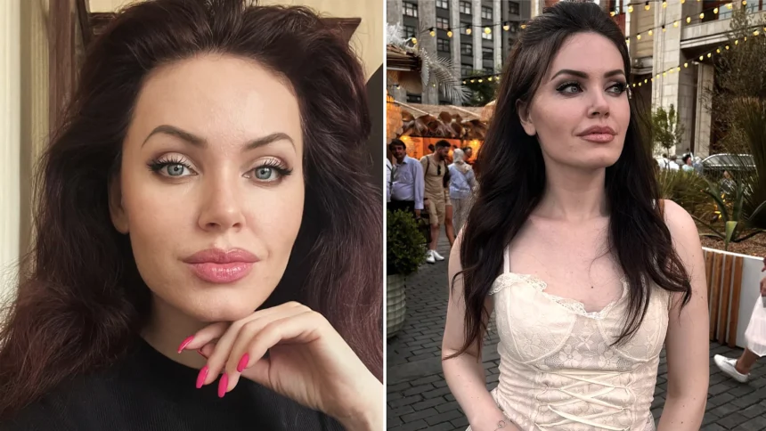 A Russian influencer and aspiring actress has gone viral with fans branding her the "Russian Angelina Jolie" after a black coat and bold makeup look racked up millions of views.