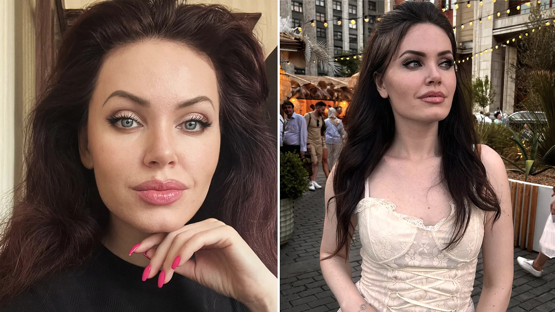 A Russian influencer and aspiring actress has gone viral with fans branding her the "Russian Angelina Jolie" after a black coat and bold makeup look racked up millions of views.