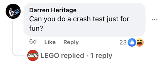 Social media comment on the post of A life-size Lego supercar built from over 300,000 bricks has hit a record-breaking 69mph, with the fully drivable Koenigsegg model taking more than 9,400 hours to design and build.