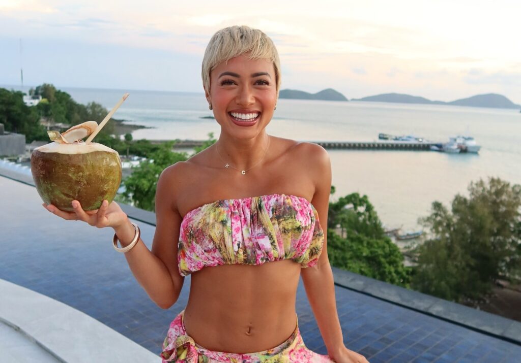 Love Island's Kaz Crossley reveals she pays just £600 a month for a three-bed beachfront house with a pool in Thailand - a fraction of London's £2,500 rent.