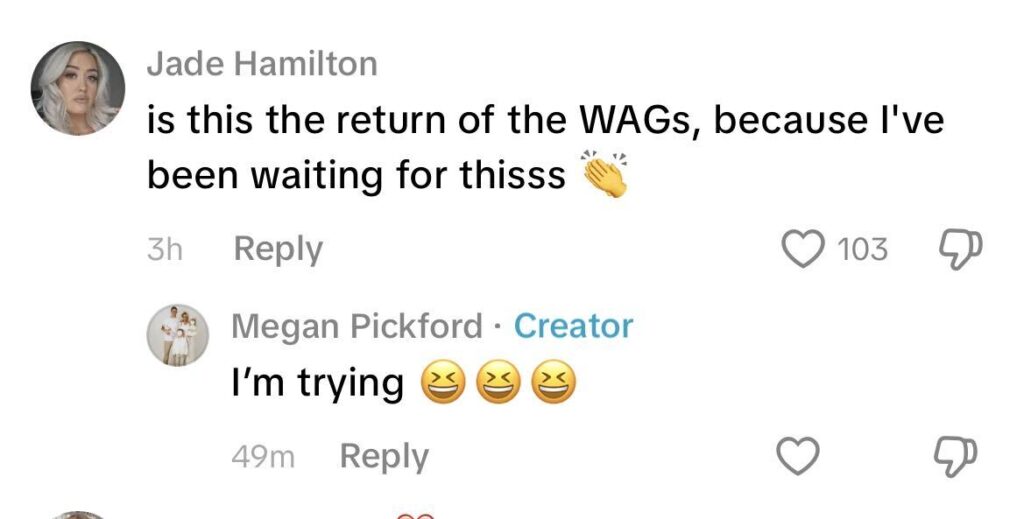 Social media comment on the post of Jordan Pickford's wife Megan went on a prosecco Selfridges spree browsing £6,150 Celine tops ahead of the World Cup - declaring she's on a mission to bring back the WAGs.